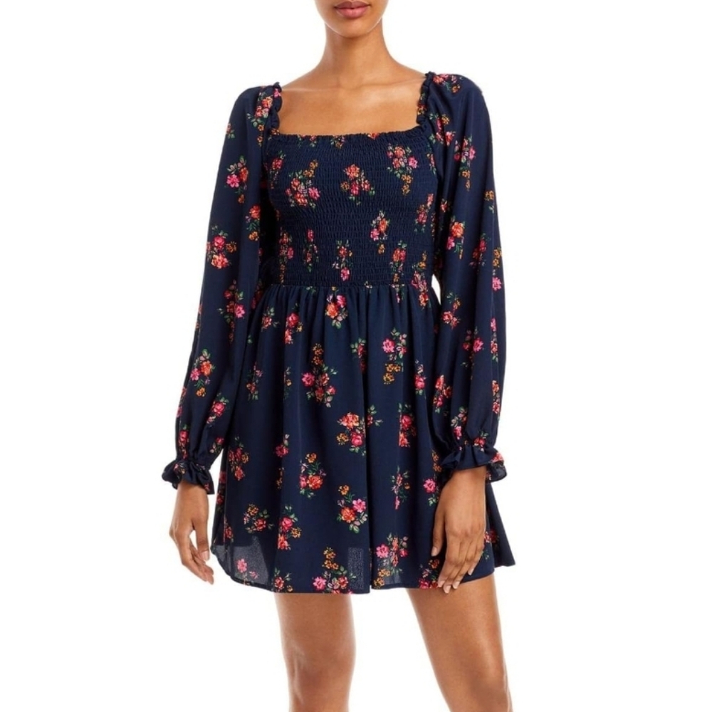 WAYF Roswell Smocked Mini Dress Puff Long Sleeve Size Small